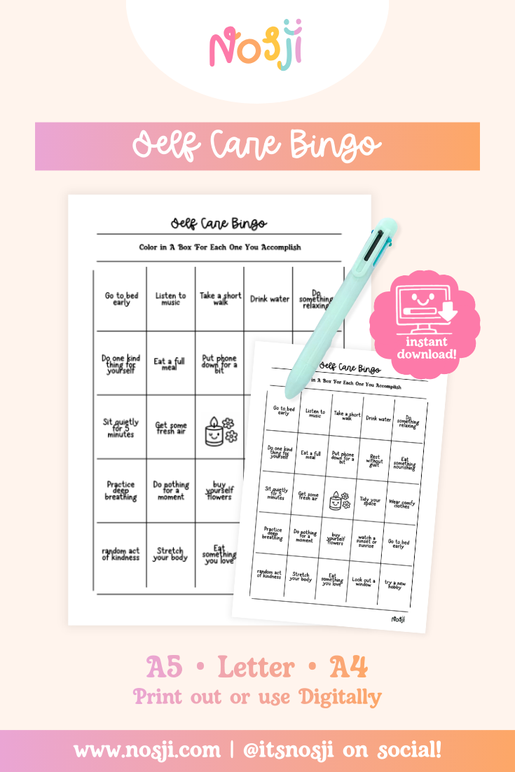 Self care bingo printable with 25 activities in a grid to track daily wellness habits