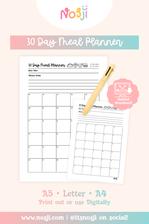 30 Day Reading Plan - Listing Image 30-day meal planner printable with dietary goals section at the top and numbered daily boxes for planning meals.