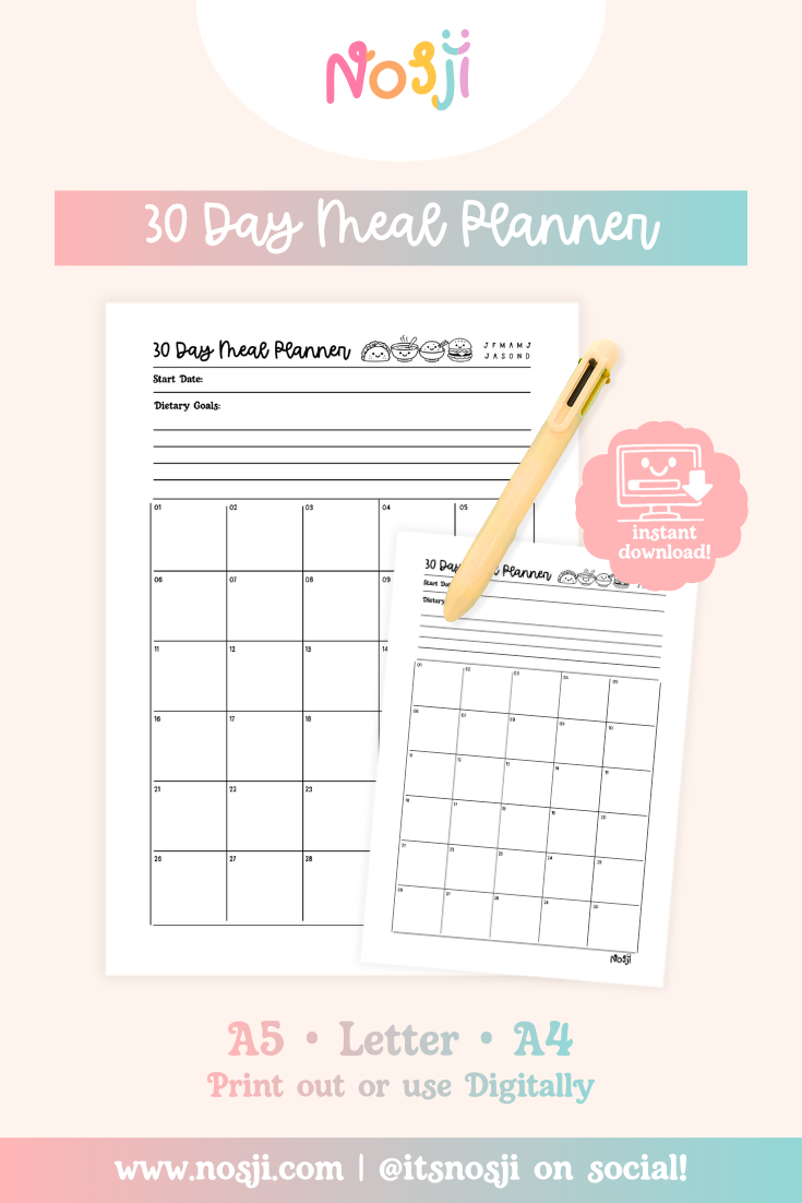 30-day meal planner printable with dietary goals section at the top and numbered daily boxes for planning meals.