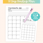 30-day reading plan printable with goal section at the top and numbered daily boxes for tracking reading progress.
