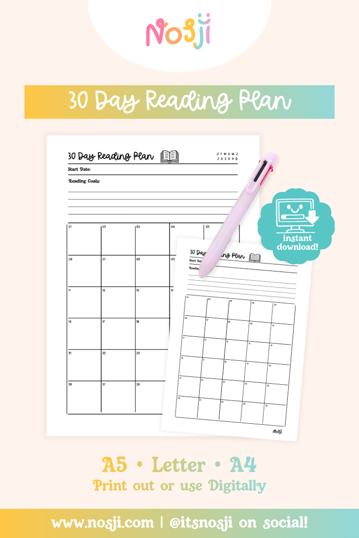 30-day reading plan printable with goal section at the top and numbered daily boxes for tracking reading progress.