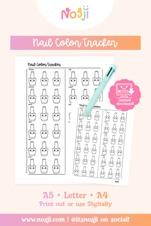 Alphabet Movie Challenge - Listing Image Nail color tracker printable with nail polish bottle icons organized by month from January to December.