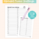 Alphabet movie challenge printable with A–Z checklist and space to write movie titles.