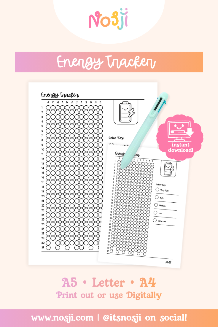A pastel product mockup showing an “Energy Tracker” printable journal page with a pen, instant download badge, and size options listed for A5, Letter, and A4.