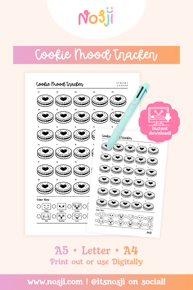 Cookie mood tracker with illustrated cookie icons for each day of the month and a color key for tracking emotions