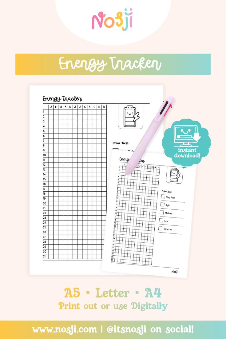 Energy tracker printable with a numbered daily grid, month-labeled columns, and an energy level key on the side.