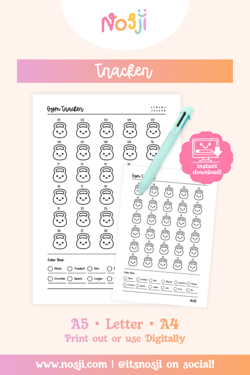 Gym Tracker - Listing Image Gym tracker printable with numbered kettlebell icons for daily tracking and a workout key at the bottom.
