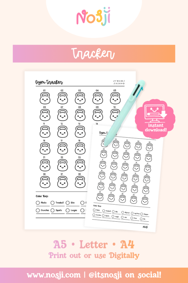 Gym Tracker - Listing Image Gym tracker printable with numbered kettlebell icons for daily tracking and a workout key at the bottom.