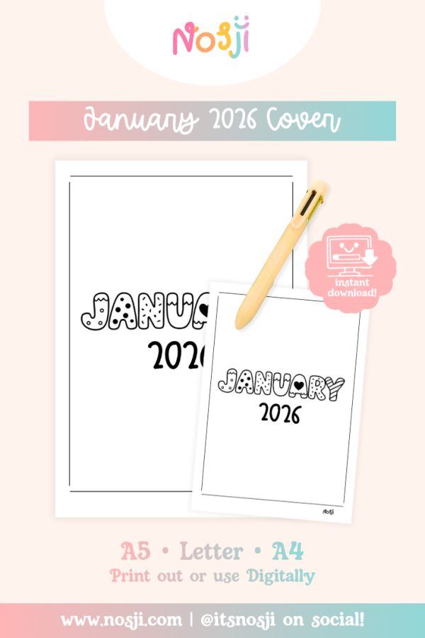 January 2026 Cover - Listing Image January 2026 journal cover printable with hand-lettered title and blank space for customization.