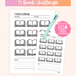 12 book challenge tracker with open book outlines to fill in as books are completed