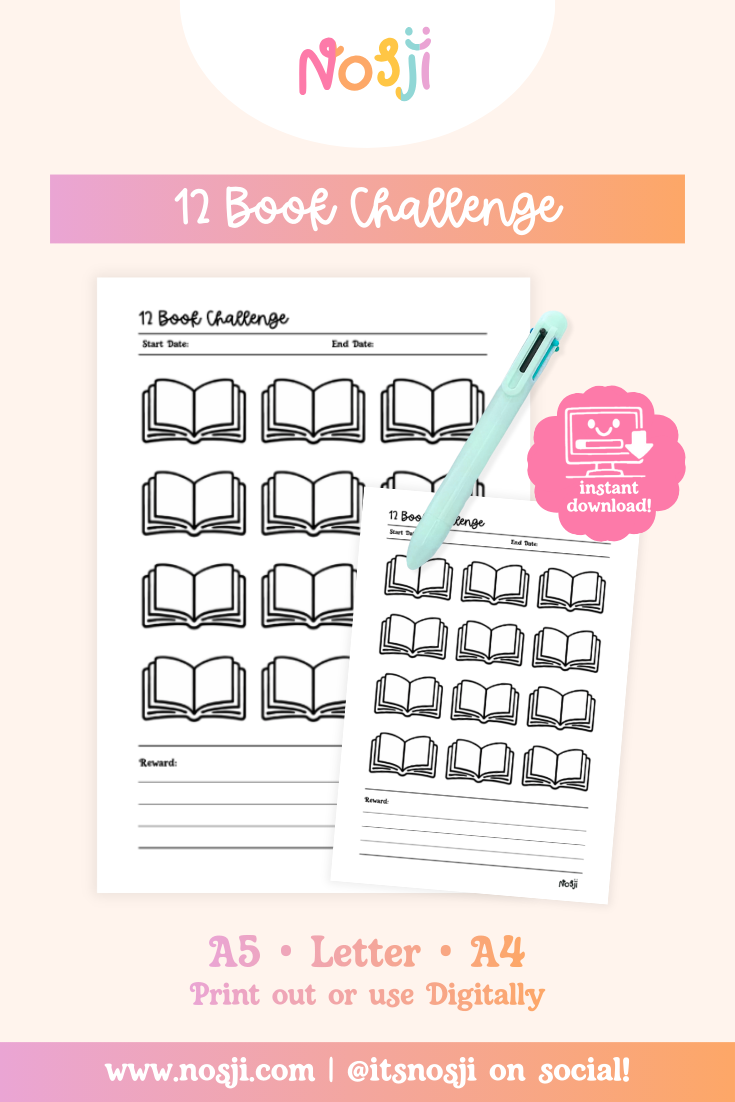 12 book challenge tracker with open book outlines to fill in as books are completed