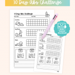 A pastel product mockup showing an “30 day abs challenge” printable journal page with a pen, instant download badge, and size options listed for A5, Letter, and A4.