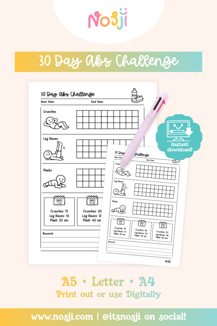 A pastel product mockup showing an “30 day abs challenge” printable journal page with a pen, instant download badge, and size options listed for A5, Letter, and A4.