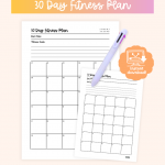 30 day fitness plan with goal section and monthly calendar grid to schedule and track workouts