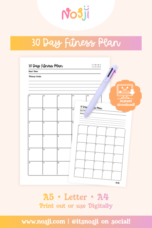 Nosji - 30 Day Fitness Plan - Bullet Journal Pages 30 day fitness plan with goal section and monthly calendar grid to schedule and track workouts