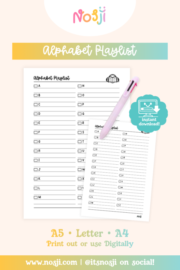 Alphabet playlist tracker with checkboxes and lines for song titles from A to Z