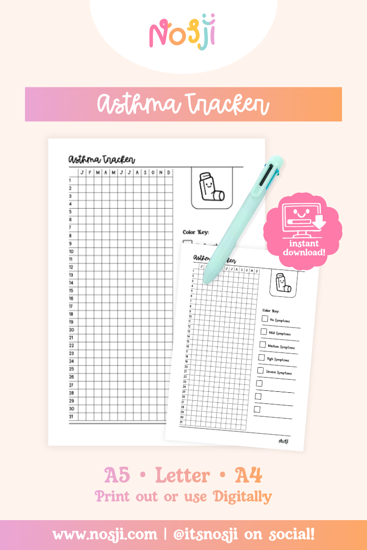 A pastel product mockup showing an “Asthma Tracker” printable journal page with a pen, instant download badge, and size options listed for A5, Letter, and A4.