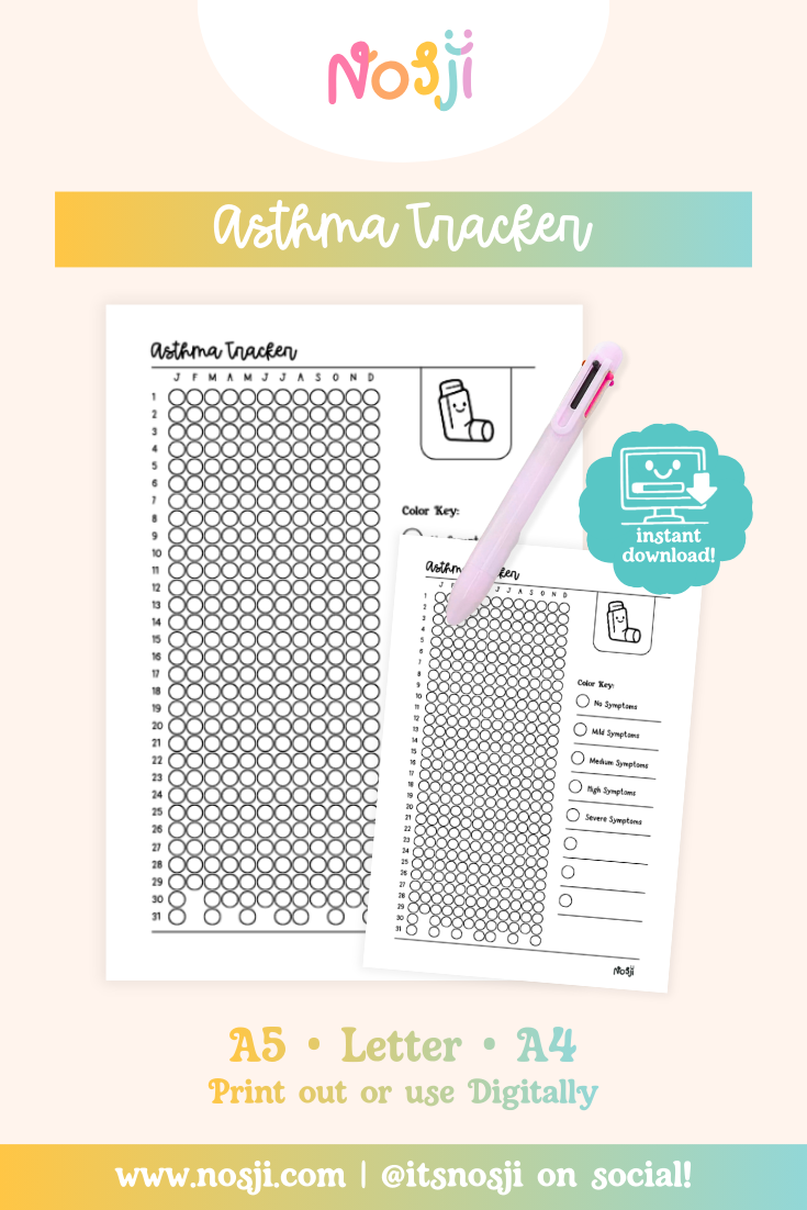 A pastel product mockup showing an “Asthma Tracker” printable journal page with a pen, instant download badge, and size options listed for A5, Letter, and A4.