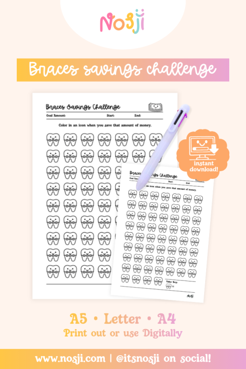 Nosji-Braces savings challenge-Bullet Journal Page Braces savings challenge tracker with tooth icons to color in as you save money