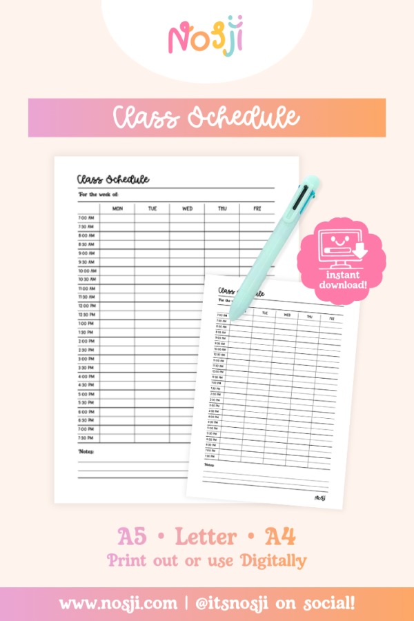 Nosji - Class Schedule - Bullet Journal Pages Class schedule tracker with Monday-Friday grid and 30-minute time slots from 7 AM to 7:30 PM