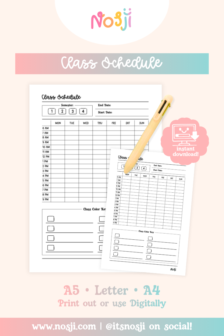 A pastel product mockup showing an “Class Schedule” printable journal page with a pen, instant download badge, and size options listed for A5, Letter, and A4.