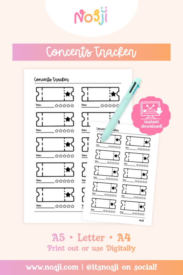Nosji - Concerts Tracker - Bullet Journal Pages A pastel product mockup showing an “Concert Tracker” printable journal page with a pen, instant download badge, and size options listed for A5, Letter, and A4.