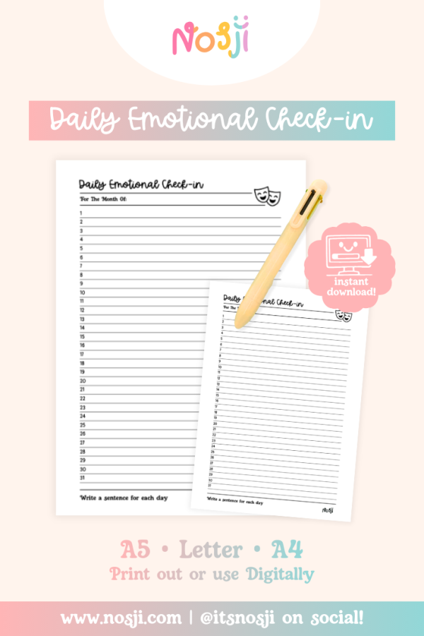 Nosji-Daily Emotional Check-in-Bullet Journal Daily emotional check-in tracker with numbered lines for writing daily mood sentences throughout the month