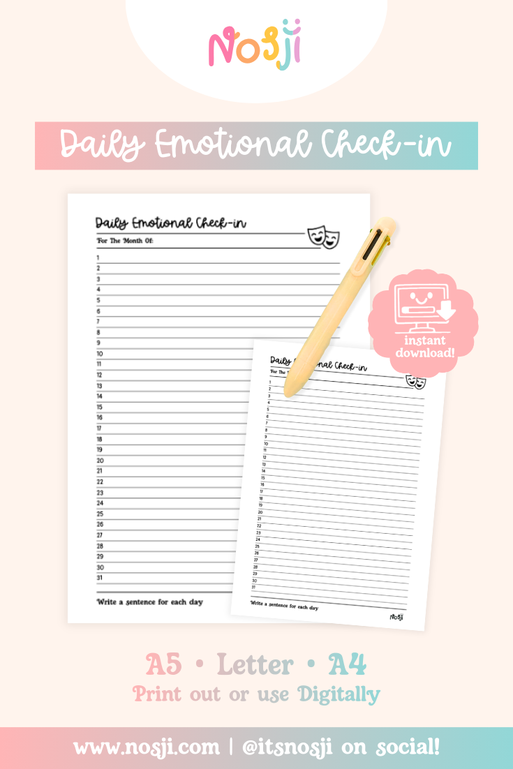 Daily emotional check-in tracker with numbered lines for writing daily mood sentences throughout the month