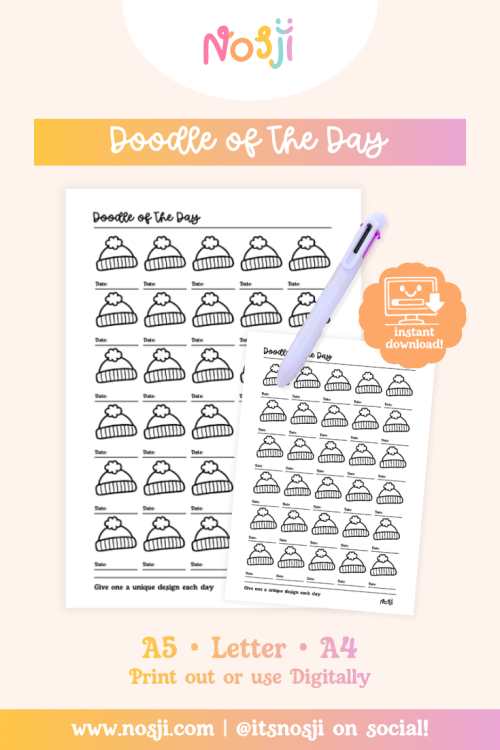 Nosji-Doodle of the day-Bullet Journal A pastel product mockup showing an “Doodle of the Day” printable journal page with a pen, instant download badge, and size options listed for A5, Letter, and A4.