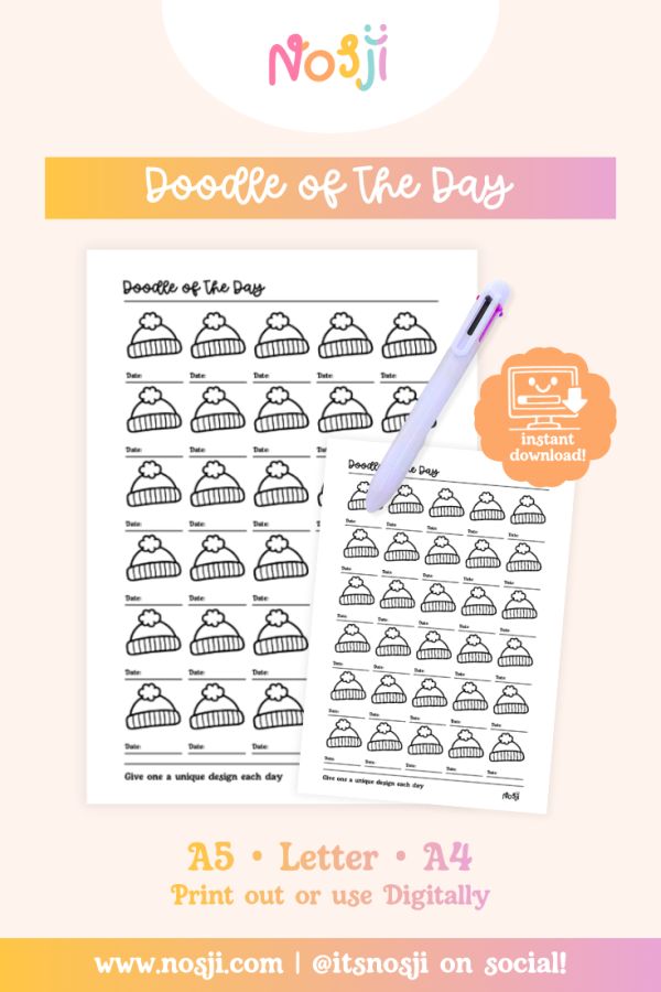 Nosji-Doodle of the day-Bullet Journal A pastel product mockup showing an “Doodle of the Day” printable journal page with a pen, instant download badge, and size options listed for A5, Letter, and A4.
