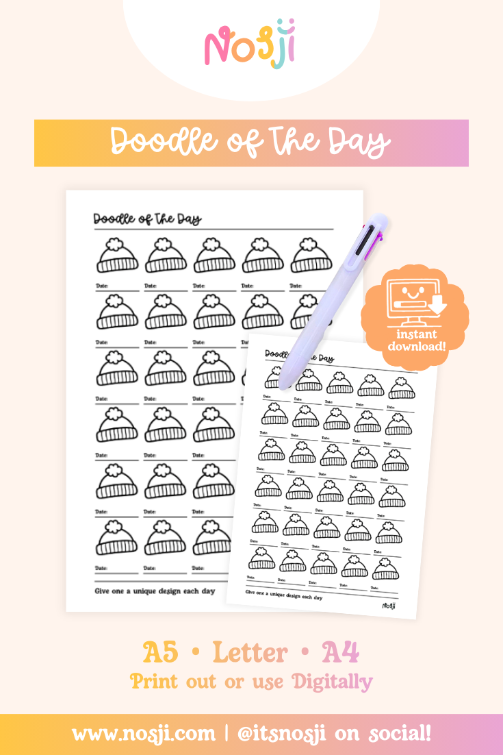 A pastel product mockup showing an “Doodle of the Day” printable journal page with a pen, instant download badge, and size options listed for A5, Letter, and A4.