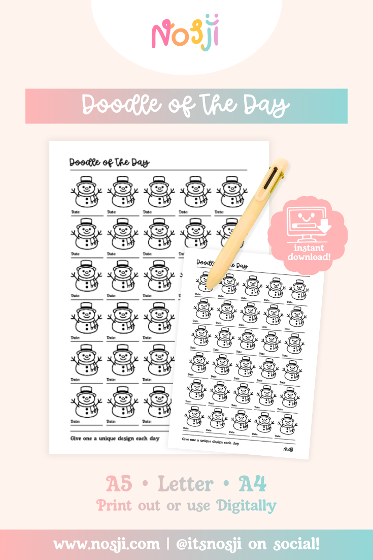 Doodle of the day tracker with snowman outlines to design and decorate uniquely each day
