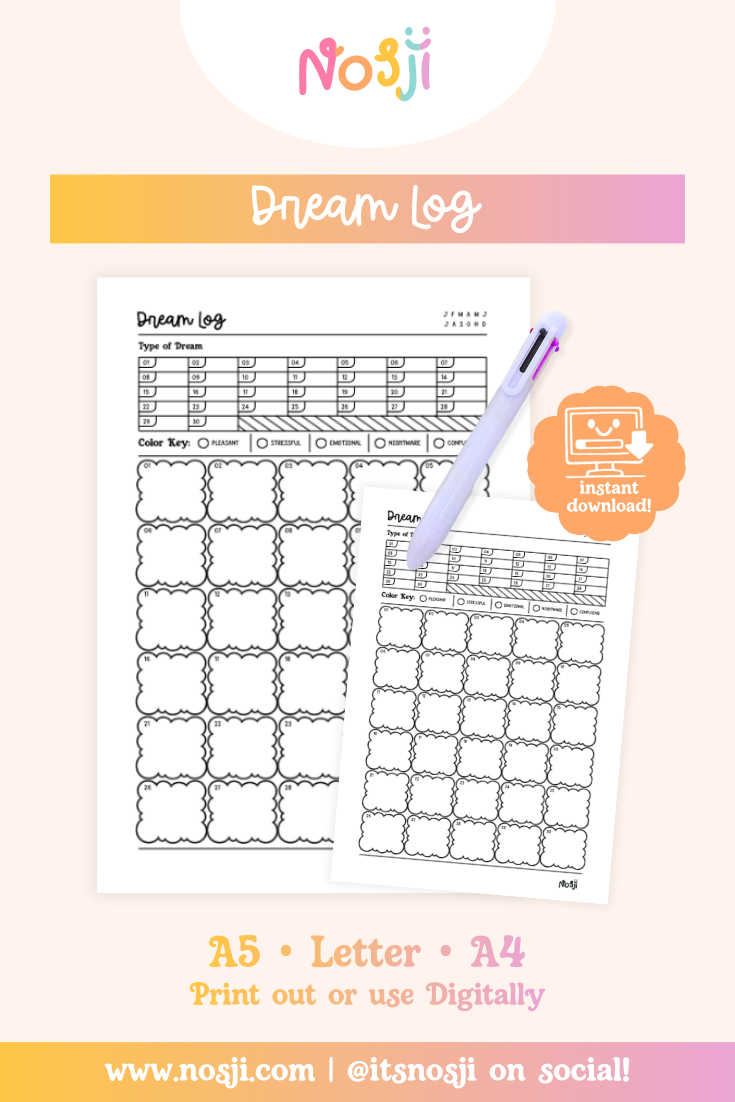 A pastel product mockup showing an “Dream Log” printable journal page with a pen, instant download badge, and size options listed for A5, Letter, and A4.