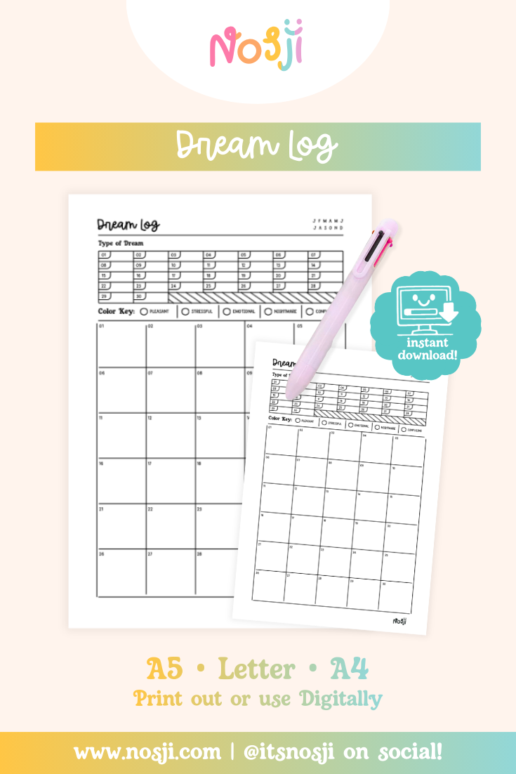 A pastel product mockup showing an “Dream Log” printable journal page with a pen, instant download badge, and size options listed for A5, Letter, and A4.