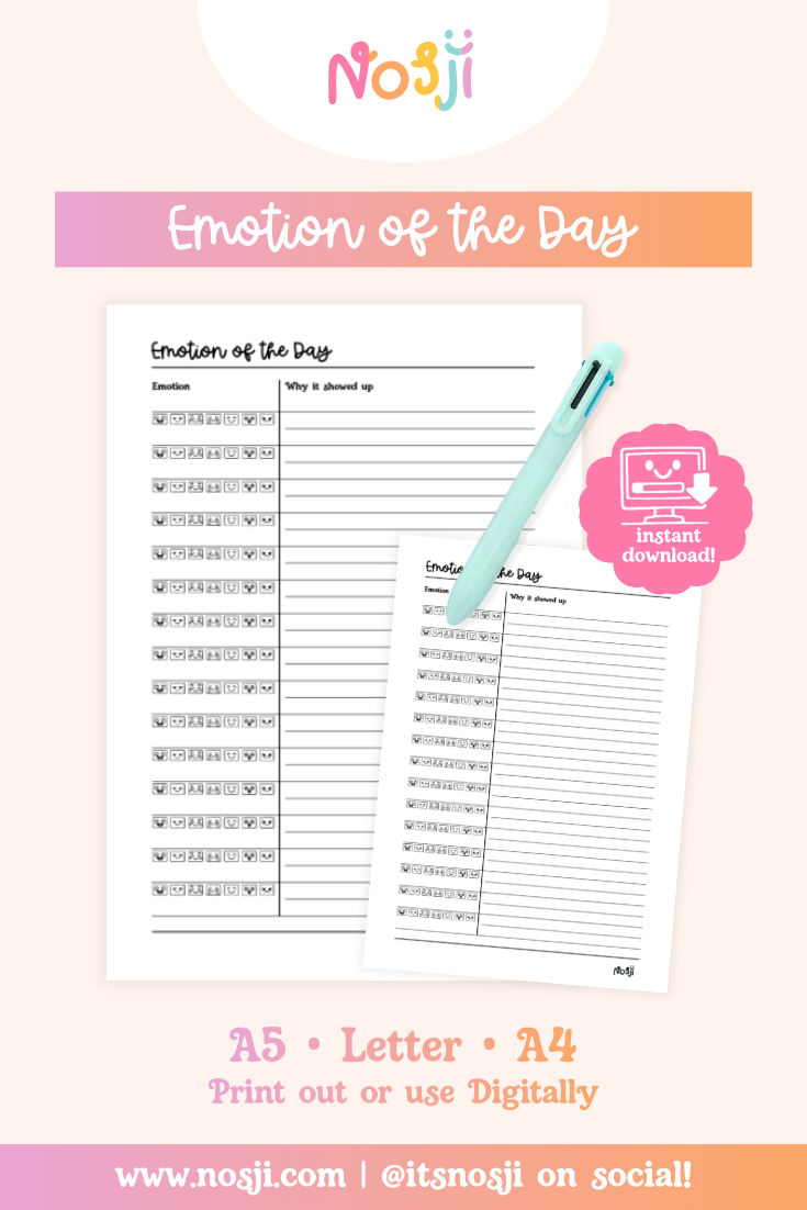 A pastel product mockup showing an “Emotion of the Day” printable journal page with a pen, instant download badge, and size options listed for A5, Letter, and A4.