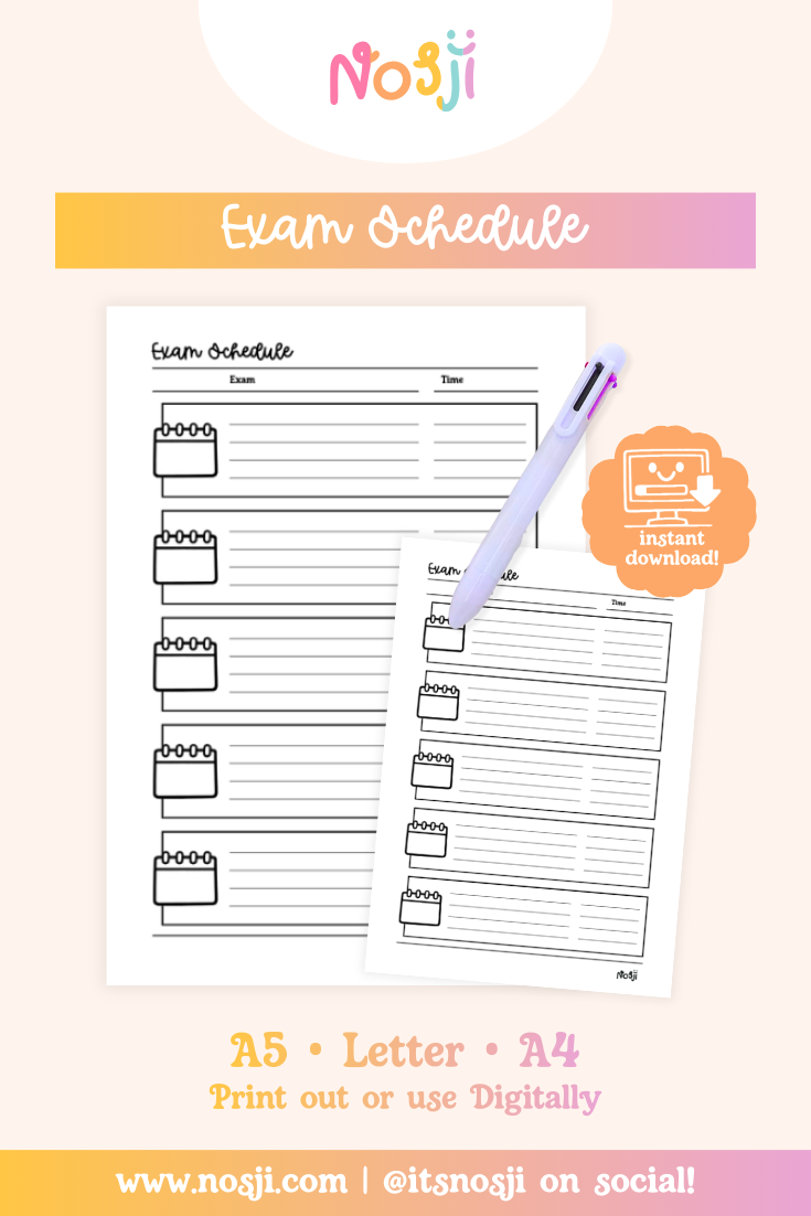 Exam schedule tracker with date boxes and lines for exam names, times, and notes