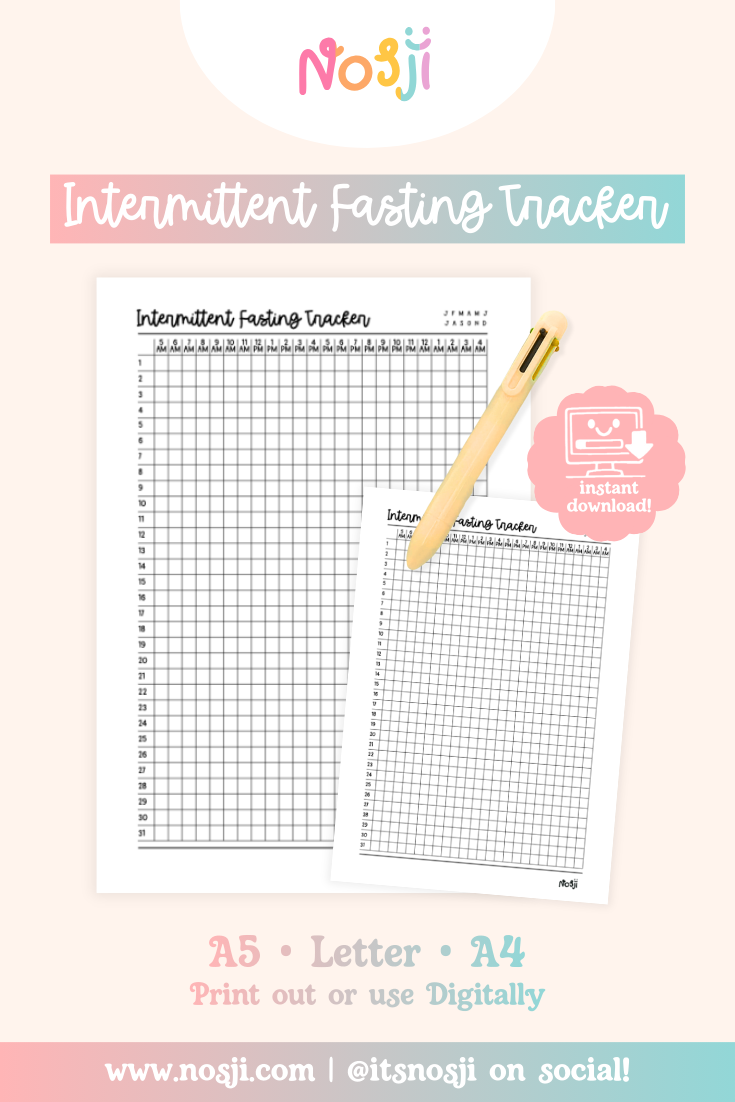 Intermittent fasting tracker with hourly grid for tracking daily fasting and eating windows throughout the month