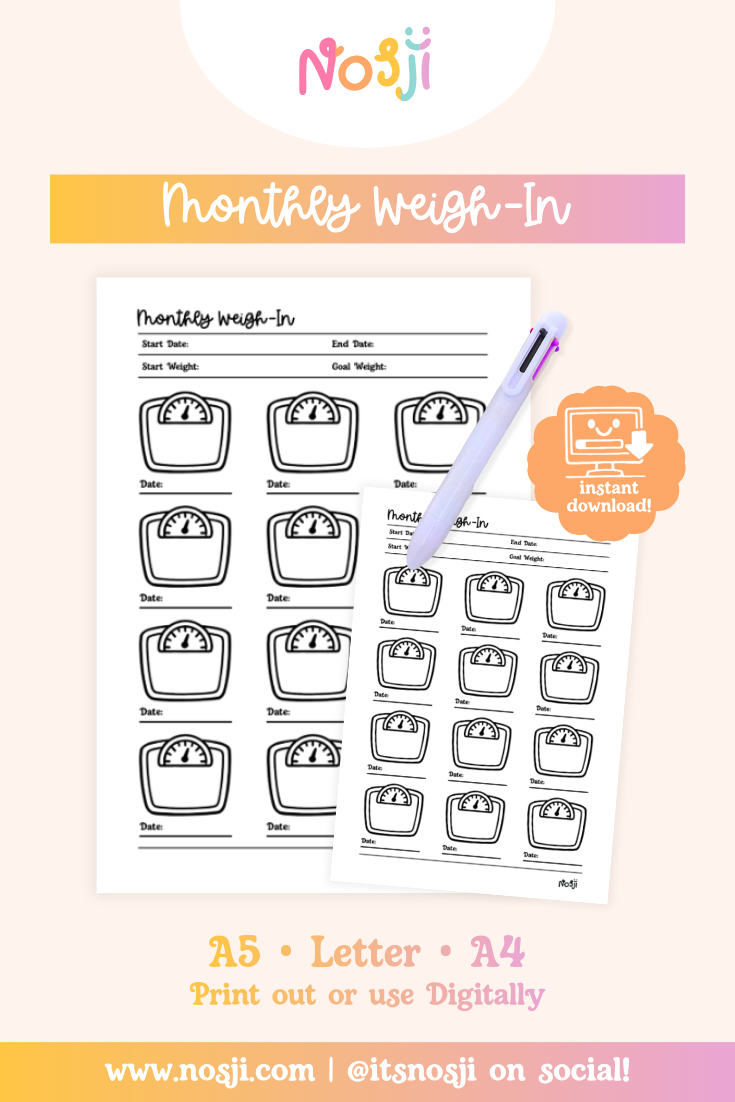 A pastel product mockup showing an “Monthly Weight-in" printable journal page with a pen, instant download badge, and size options listed for A5, Letter, and A4.