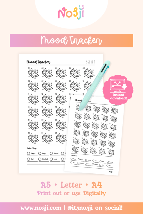 Mood tracker with leaf outlines for each day and color key for tracking emotions throughout the month