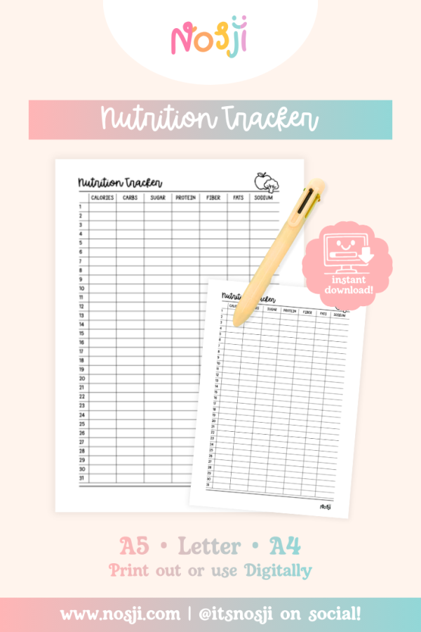 Nosji - Nutrition Tracker - Bullet Journal Pages Nutrition tracker with daily grid for logging calories, carbs, sugar, protein, fiber, fats, and sodium