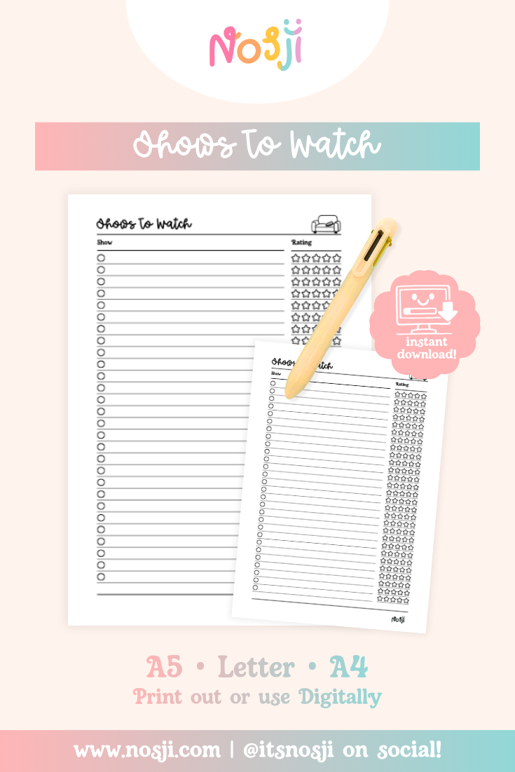 A pastel product mockup showing an “Shows to Watch” printable journal page with a pen, instant download badge, and size options listed for A5, Letter, and A4.
