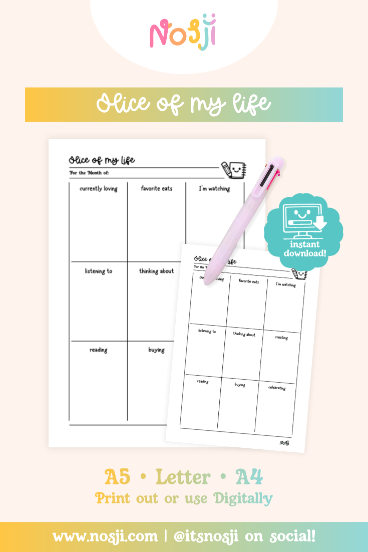 Slice of my life journal page with sections for current favorites, watching, listening, and celebrating