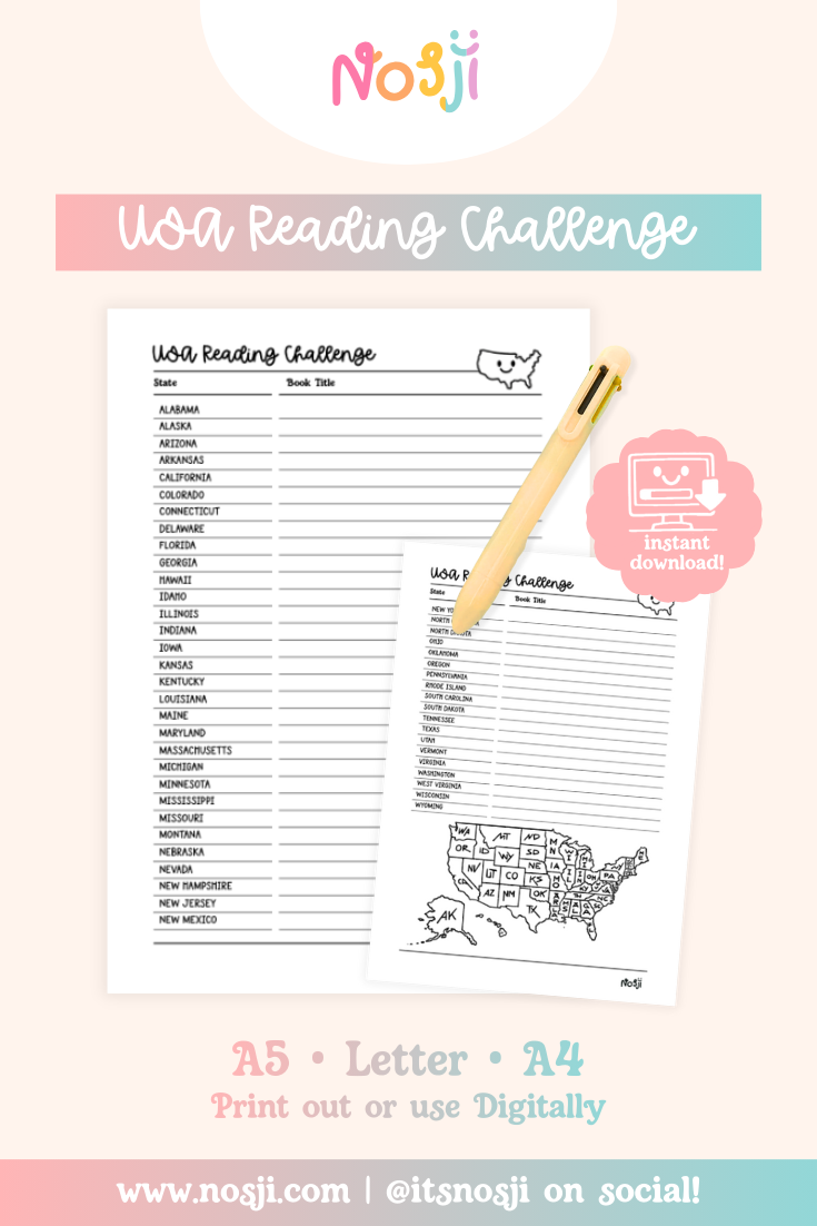 A pastel product mockup showing an “USA Reading Challenge” printable journal page with a pen, instant download badge, and size options listed for A5, Letter, and A4.