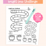 A pastel product mockup showing an “Weight loss challenge” printable journal page with a pen, instant download badge, and size options listed for A5, Letter, and A4.