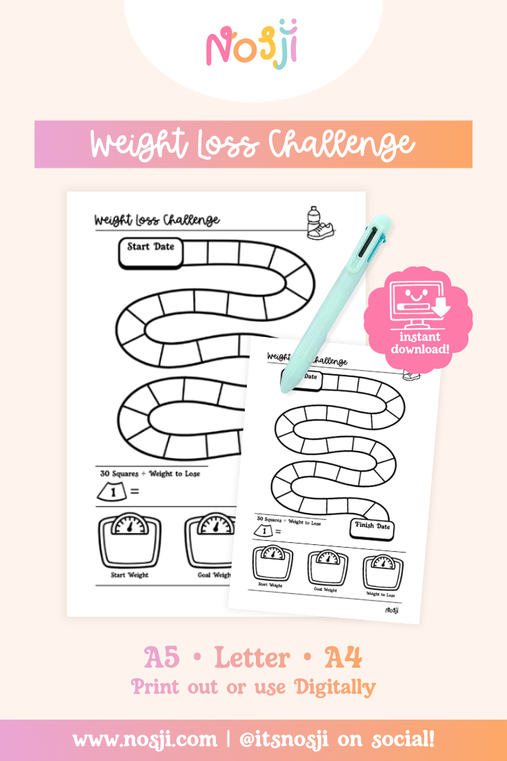 A pastel product mockup showing an “Weight loss challenge” printable journal page with a pen, instant download badge, and size options listed for A5, Letter, and A4.