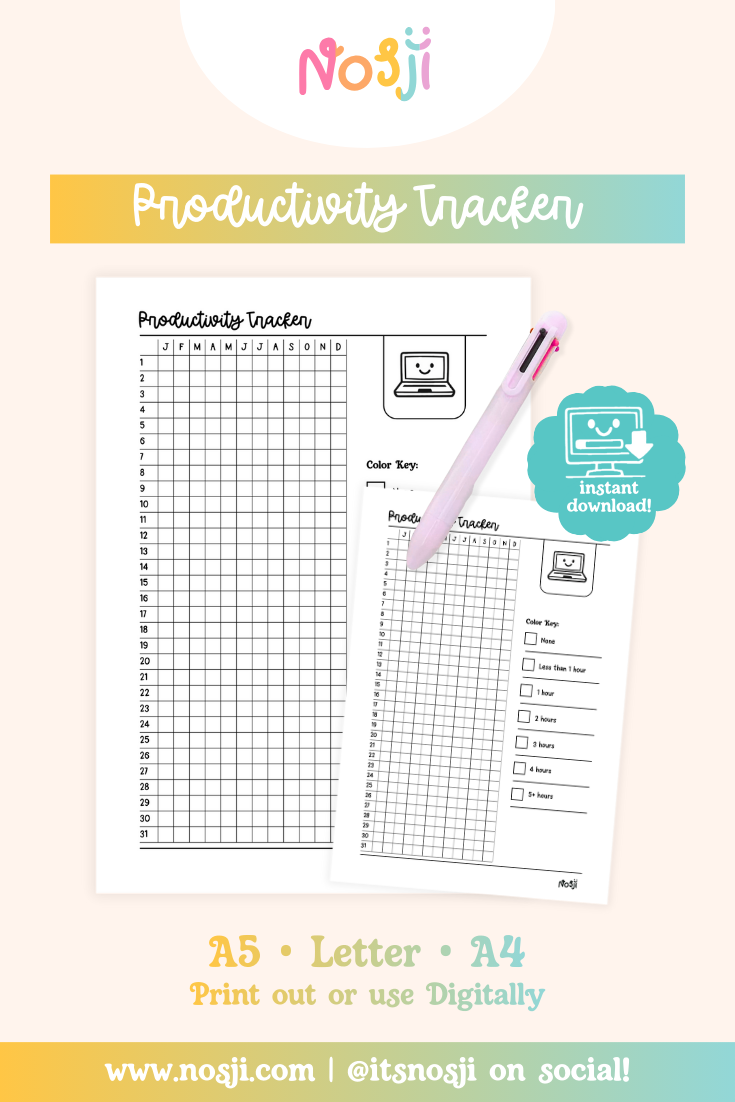Productivity tracker printable with a numbered daily grid, month-labeled columns, and a productivity key on the side.