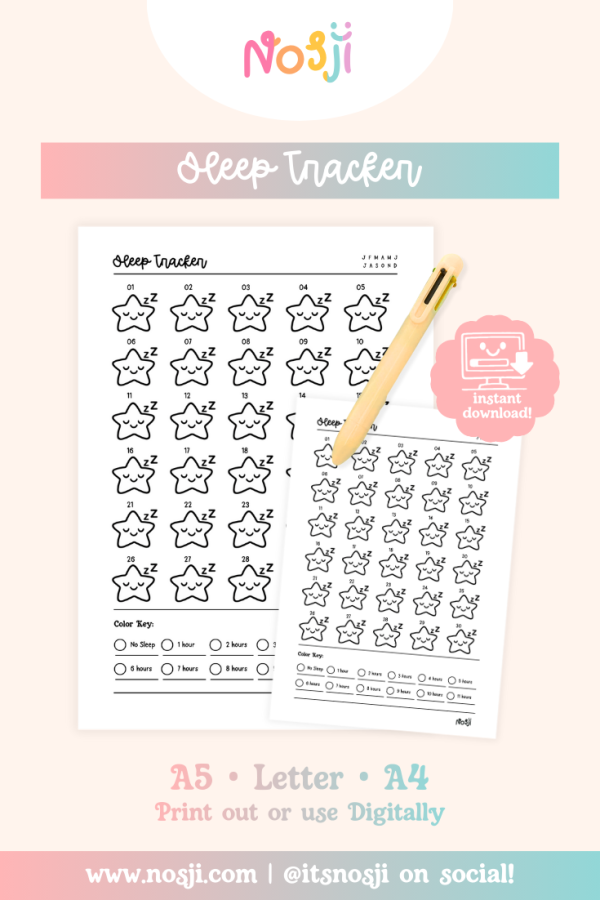 Sleep Tracker - Listing Image Sleep tracker printable with numbered star icons for each day of the month and a sleep hours key at the bottom.