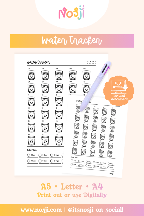 Water Tracker - Listing Image Water tracker printable with numbered cup icons for each day of the month and a water intake key at the bottom.