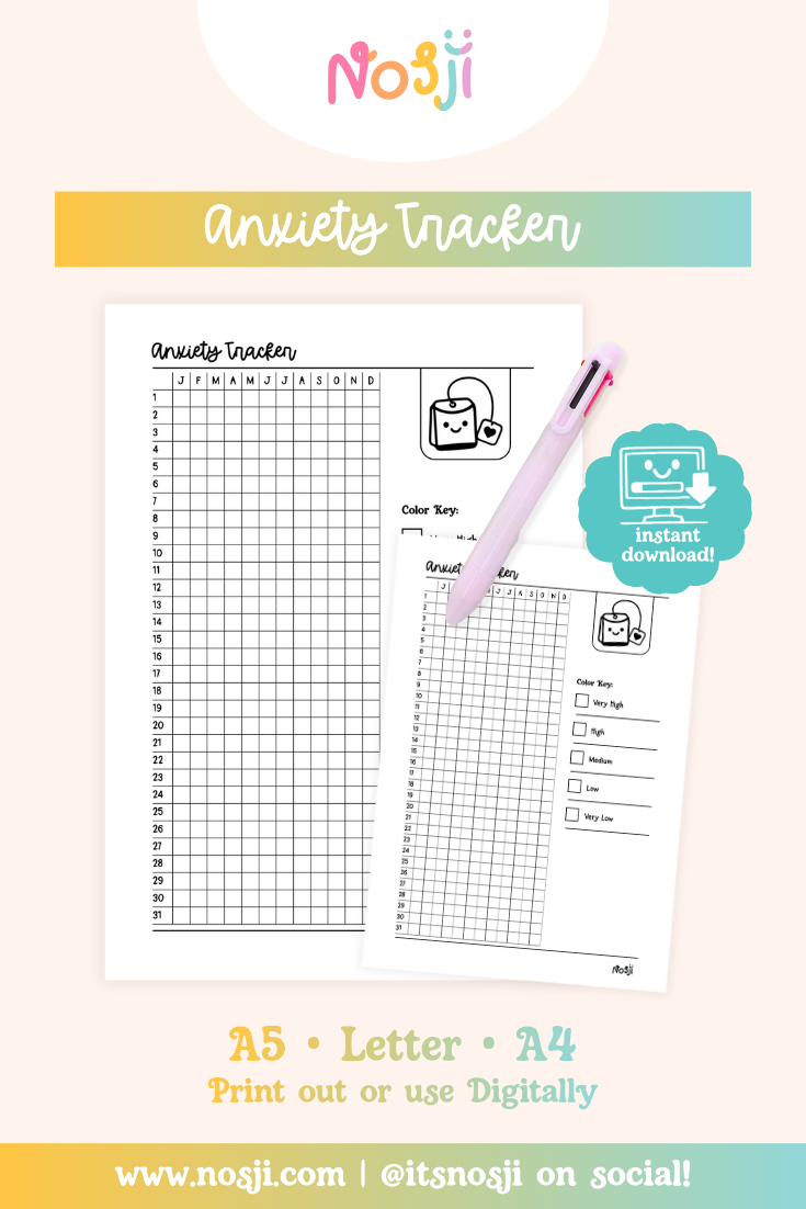 Anxiety tracker printable with a numbered daily grid, month-labeled columns, and an anxiety level key on the side.
