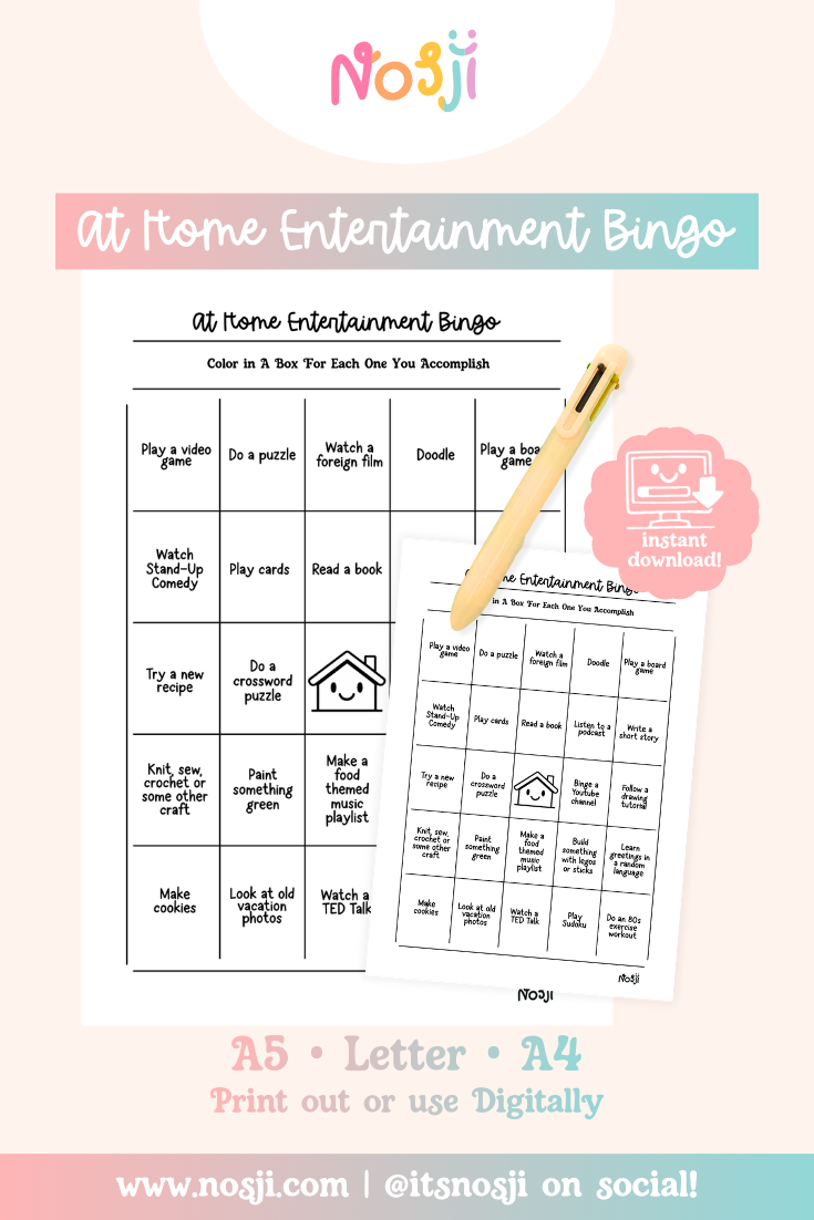 At home entertainment bingo printable with a 5x5 grid of activity prompts and a free space in the center.
